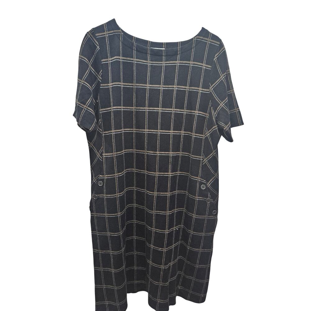 J Jill Wearever Ponte Knit Dress L Petite Black Tan  Windowpane Plaid Shift